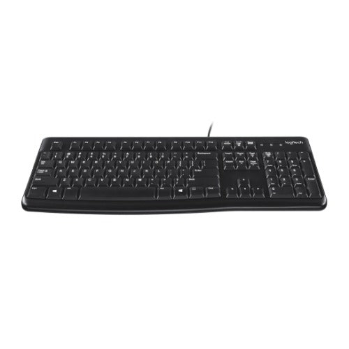 Logitech K120 Wired Keyboard Quiet typing Spill-resistant Durable keys Thin profile Curved space bar Adjustable tilt legs
