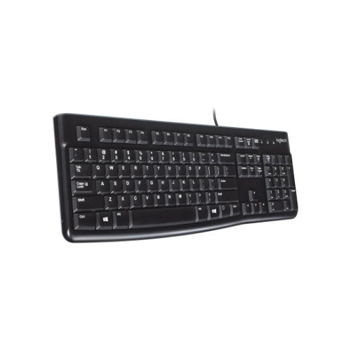 Logitech K120 Wired Keyboard Quiet typing Spill-resistant Durable keys Thin profile Curved space bar Adjustable tilt legs