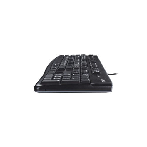 Logitech K120 Wired Keyboard Quiet typing Spill-resistant Durable keys Thin profile Curved space bar Adjustable tilt legs