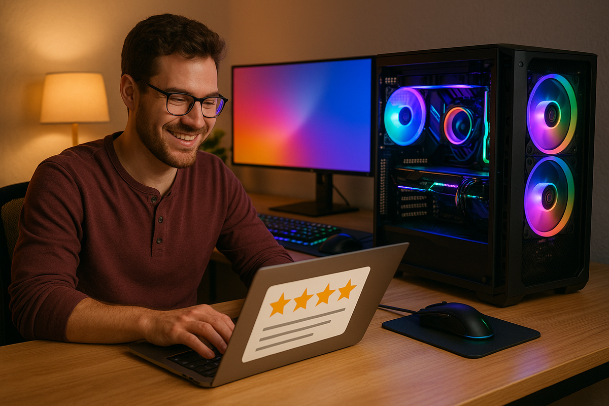 A person writing a review after receiving his dream PC 