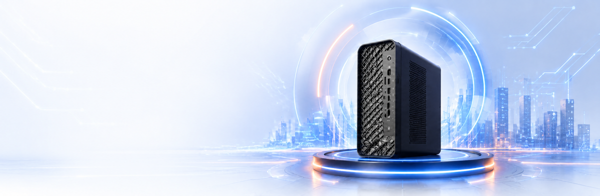 Leader Corporate
AI BOX SAP1-A9 on a glowing platform in a futuristic blue city